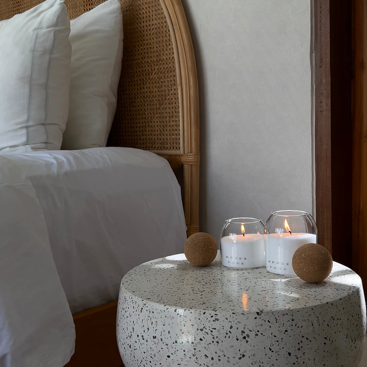 Orchid Set — two white ceramic vases with cork lids and sand wax candle gift box